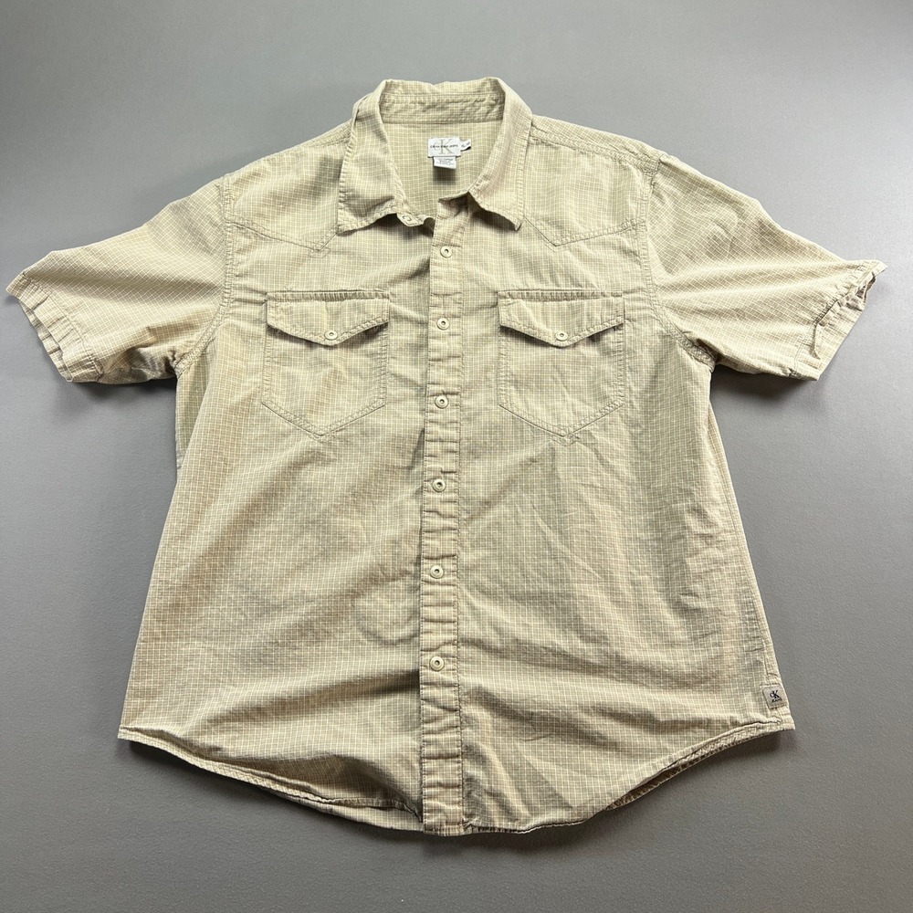 Calvin Klein Western Shirt Mens XL Beige Gingham Peaked Yoke Cowboy Snap Front